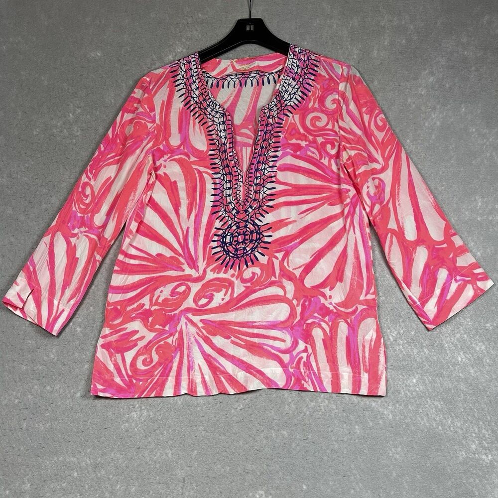 Lilly Pulitzer Top Womens Medium Pink White Amelia Island 100% Silk 3/4 Sleeve